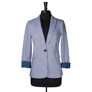 Talbots Womens Blazer Blue Houndstooth Check One Button Lined Suit Jacket Size 2